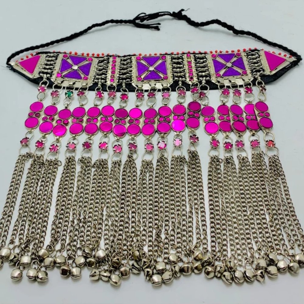 Handmade Afghan Choker Necklace: Purple Stone Tribal Statement with Bells - Picture 7 of 12